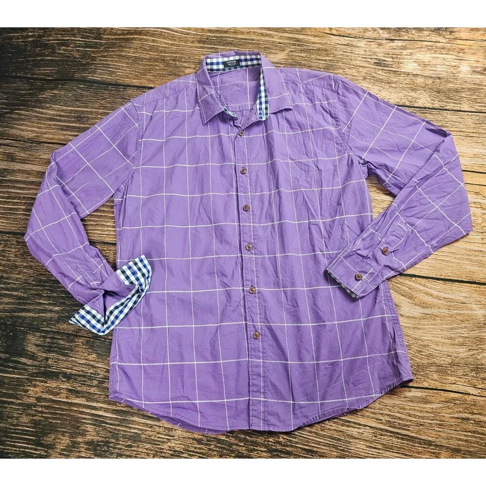 Coofandy Men's L Purple Plaid Button Up Long Sleeve Shirt Cotton Blend READ